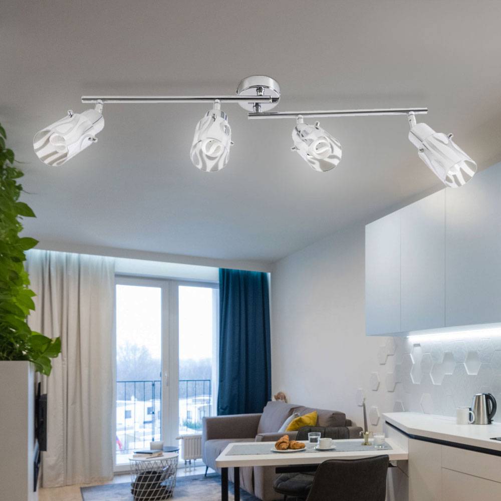 Deckenstrahler Deckenleuchte Wohnzimmer Spotleiste, bewegliche Strahler, Glas Chrom opal, 4x E14 Fassungen, LxH 69x12,5cm
