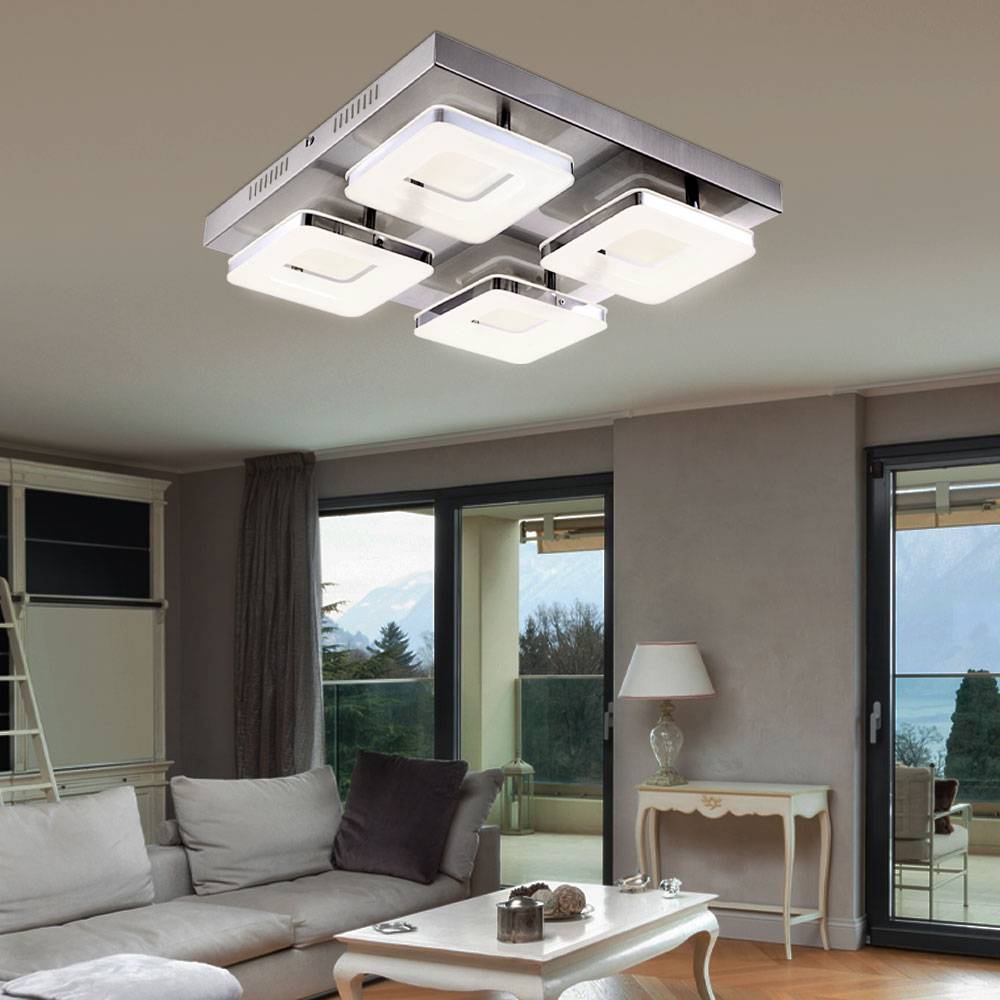 Deckenlampe Deckenleuchte Wohnzimmerleuchte Esszimmerlampe Flurleuchte, 4 Flammig, Stahl Chromring Nickel matt, 4x LED 18W 540Lm warmweiß, LxBxH