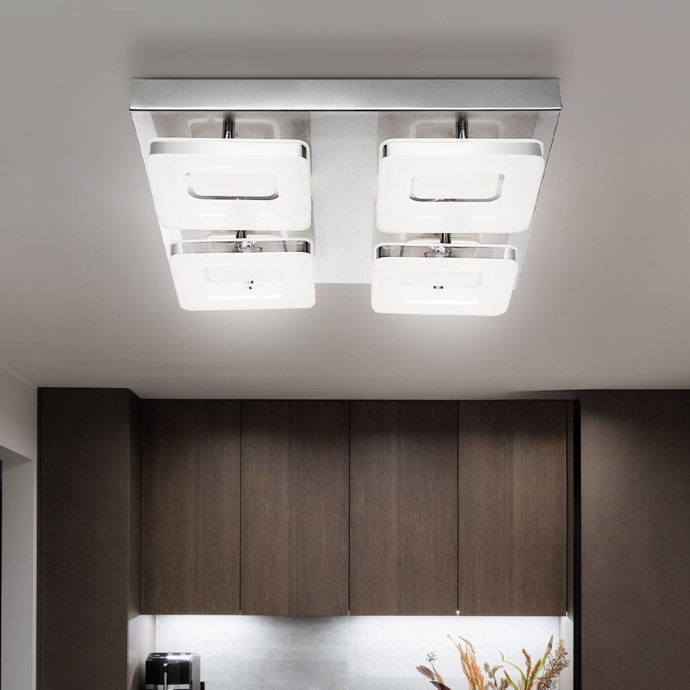 Deckenlampe Deckenleuchte Wohnzimmerleuchte Esszimmerlampe Flurleuchte, 4 Flammig, Stahl Chromring Nickel matt, 4x LED 18W 540Lm warmweiß, LxBxH