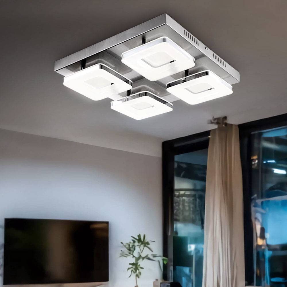 Deckenlampe Deckenleuchte Wohnzimmerleuchte Esszimmerlampe Flurleuchte, 4 Flammig, Stahl Chromring Nickel matt, 4x LED 18W 540Lm warmweiß, LxBxH