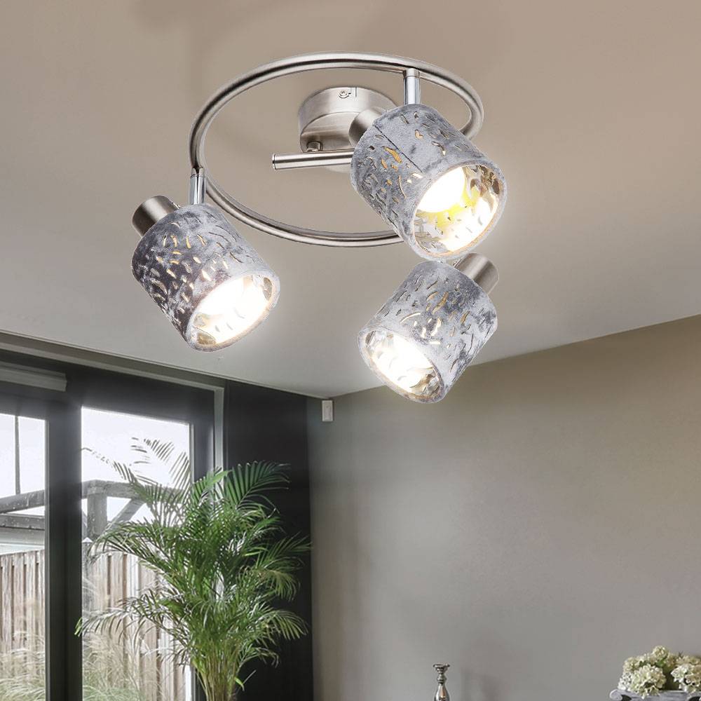 Deckenleuchte 3 Flammig Spotleuchte schwenkbar Deckenlampe Samt, Metall silber, 3x E14 Fassungen, DxH 25x15 cm