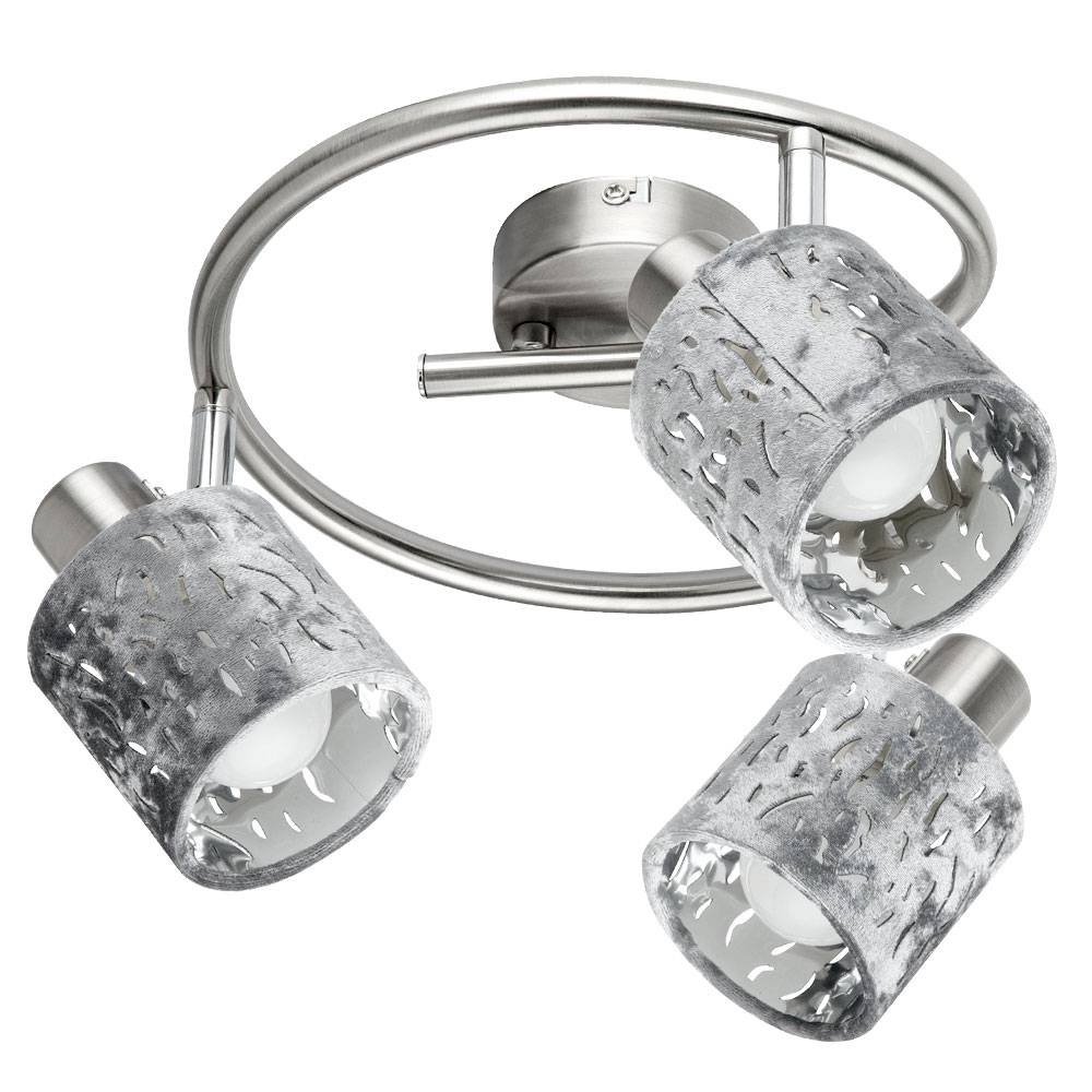 Deckenleuchte 3 Flammig Spotleuchte schwenkbar Deckenlampe Samt, Metall silber, 3x E14 Fassungen, DxH 25x15 cm
