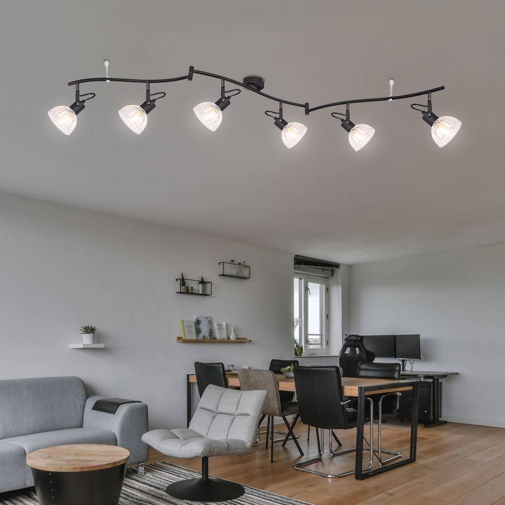 Spotleiste 6-Flammig Deckenleuchte 6 Strahler Deckenlampe schwenkbar, Glas klar, Metall schwarz, 6x E14 Fassungen, L 150 cm