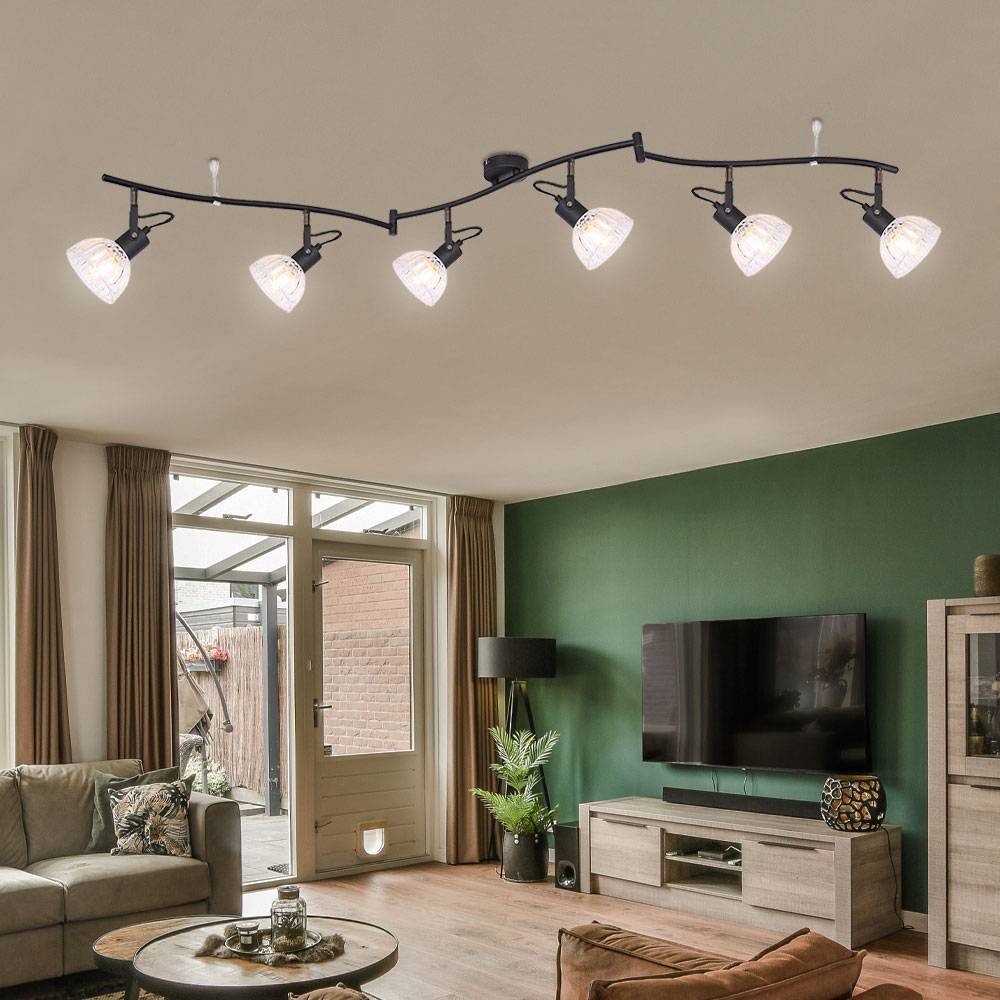 Spotleiste 6-Flammig Deckenleuchte 6 Strahler Deckenlampe schwenkbar, Glas klar, Metall schwarz, 6x E14 Fassungen, L 150 cm