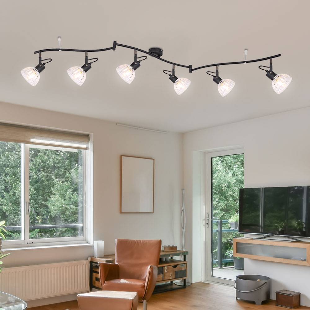 Spotleiste 6-Flammig Deckenleuchte 6 Strahler Deckenlampe schwenkbar, Glas klar, Metall schwarz, 6x E14 Fassungen, L 150 cm