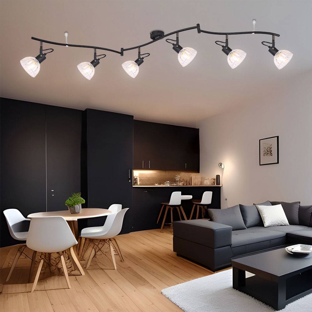 Spotleiste 6-Flammig Deckenleuchte 6 Strahler Deckenlampe schwenkbar, Glas klar, Metall schwarz, 6x E14 Fassungen, L 150 cm