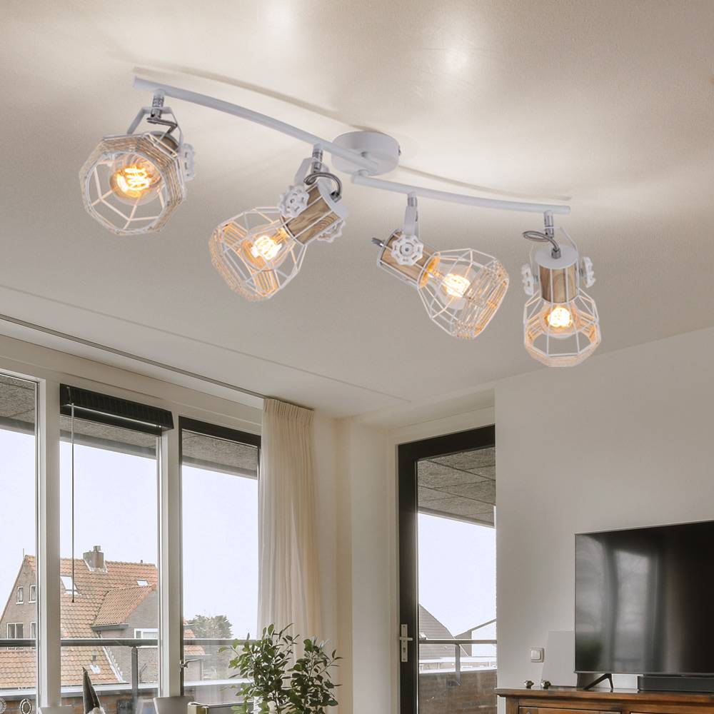 Deckenstrahler 4 Flammig Metall Deckenleuchte Holz E27 Spotbalken 4 Flammig weiss, Strahler schwenkbar, 4x E27, LxBxH 72x32x20 cm