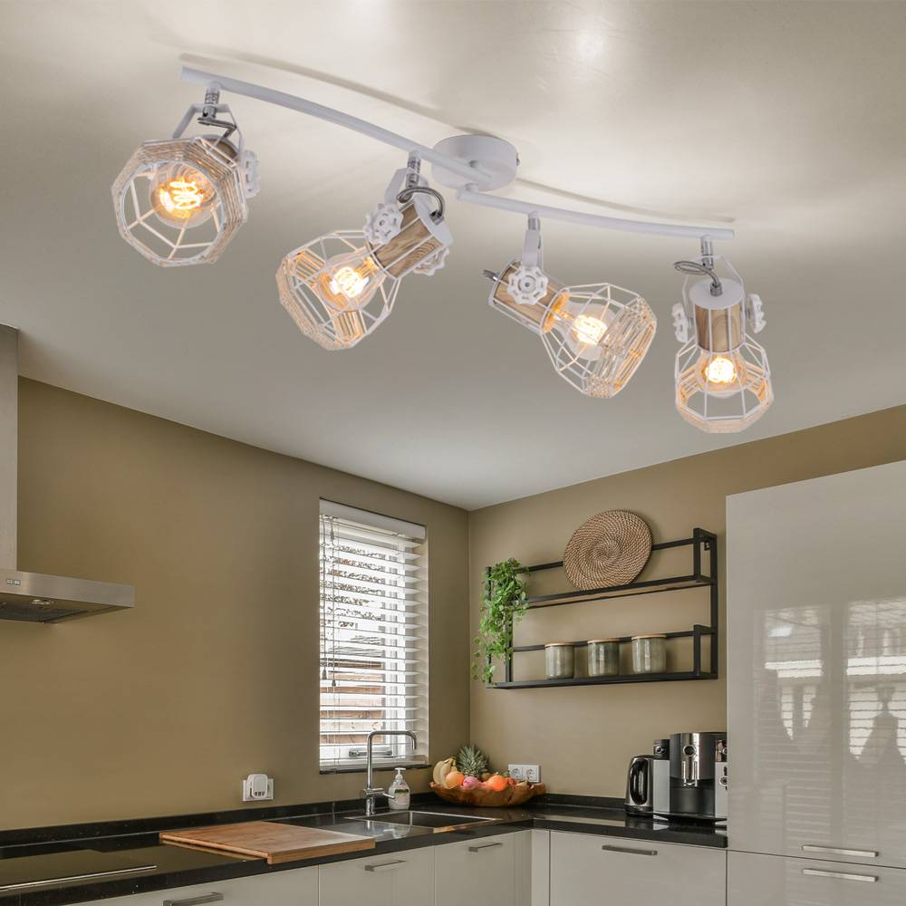 Deckenleuchte Deckenstrahler 4 Flammig Metall Holz E27 Spotbalken 4 Flammig weiss, Strahler schwenkbar, 4x E27, LxBxH 72x32x20 cm