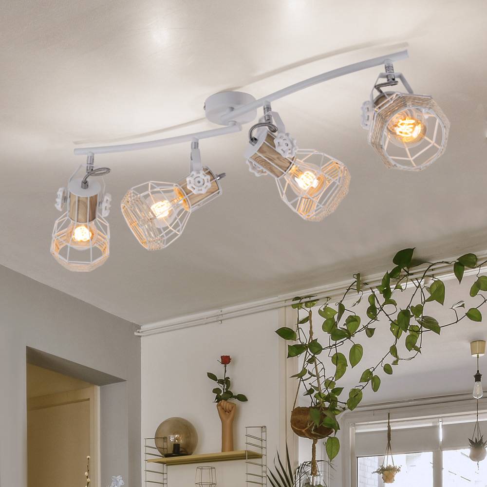 Deckenstrahler 4 Flammig Metall Deckenleuchte Holz E27 Spotbalken 4 Flammig weiss, Strahler schwenkbar, 4x E27, LxBxH 72x32x20 cm