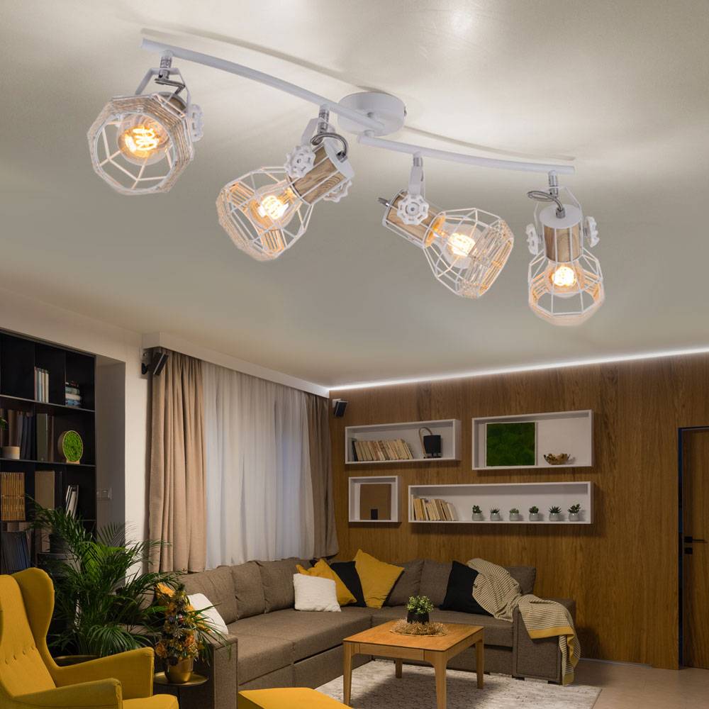 Deckenleuchte Deckenstrahler 4 Flammig Metall Holz E27 Spotbalken 4 Flammig weiss, Strahler schwenkbar, 4x E27, LxBxH 72x32x20 cm