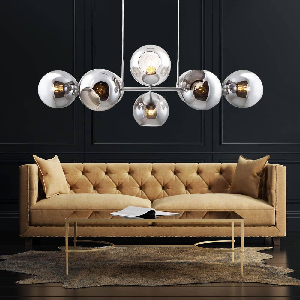 Hängelampe Pendelleuchte Glas 8 flammig Hängeleuchte verstellbar Glaskugel Esstischlampe, Metall rauchfarben, 8x E27 Fassungen, LxBxH 100x38x150 cm
