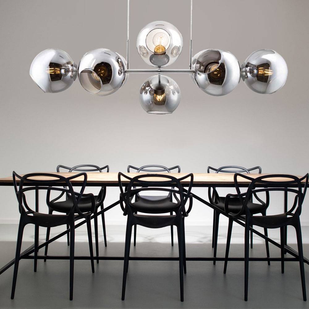 Hängelampe Pendelleuchte Glas 8 flammig Hängeleuchte verstellbar Glaskugel Esstischlampe, Metall rauchfarben, 8x E27 Fassungen, LxBxH 100x38x150 cm