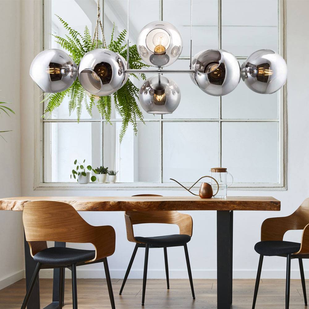 Hängelampe Pendelleuchte Glas 8 flammig Hängeleuchte verstellbar Glaskugel Esstischlampe, Metall rauchfarben, 8x E27 Fassungen, LxBxH 100x38x150 cm