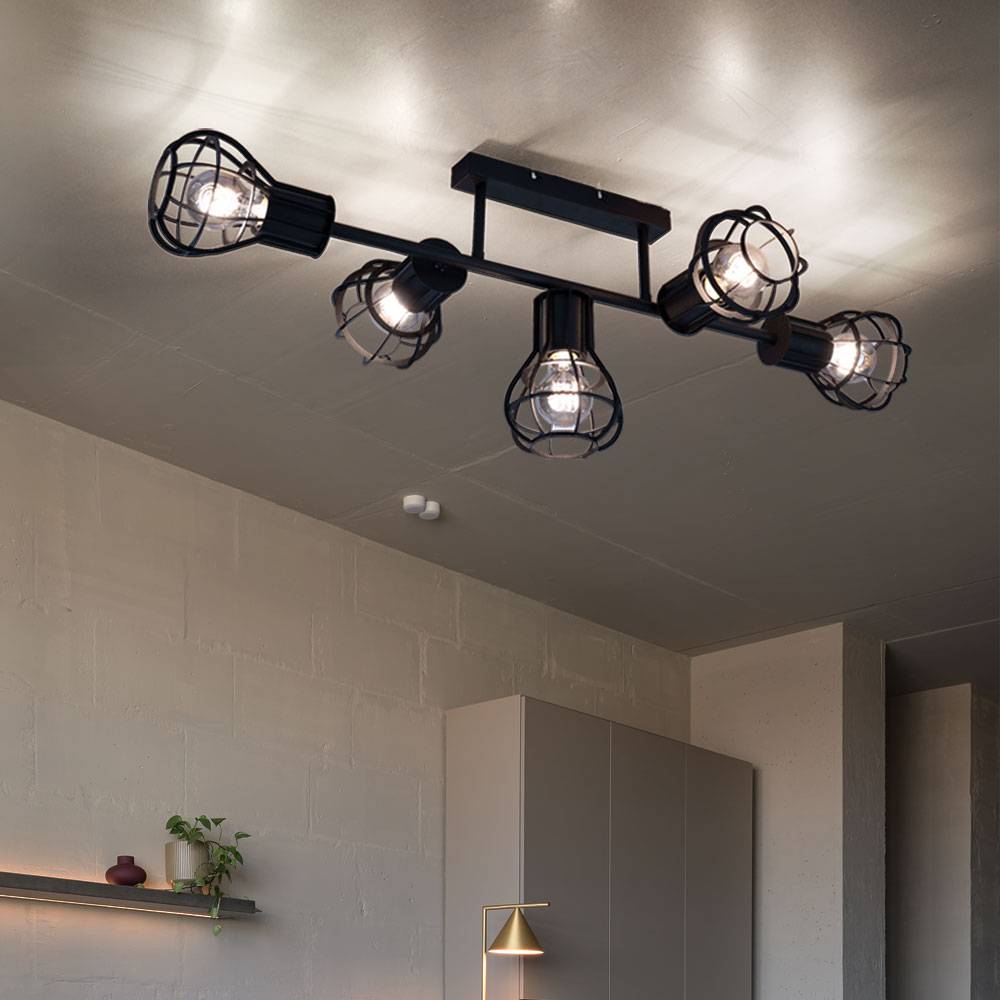 Deckenleuchte Deckenlampe Spotleuchte Esszimmer Käfigoptik 5 flammig Deckenlampen, Metall schwarz, 5x E27 Fassung, LxBxH 90x37x30 cm