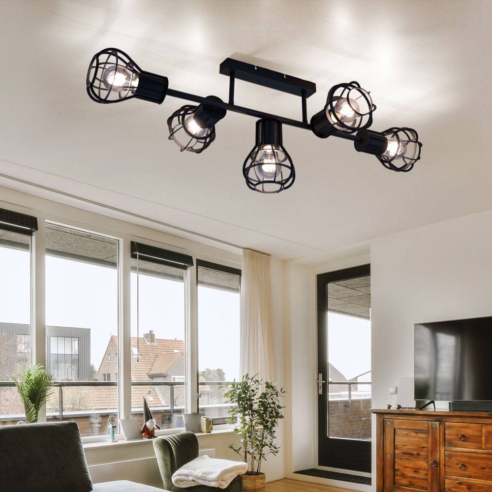 Deckenlampe Deckenleuchte Spotleuchte Esszimmer Käfigoptik 5 flammig Deckenlampen, Metall schwarz, 5x E27 Fassung, LxBxH 90x37x30 cm