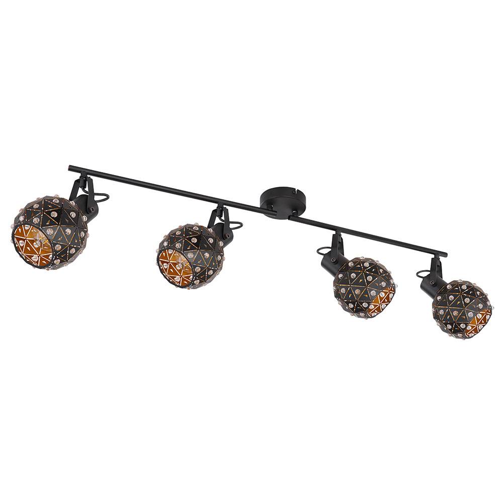 Deckenleuchte Deckenstrahler Wohnzimmerlampe Esszimmerleuchte, Kristalle, Spots beweglich, Metall schwarz, 4 x E27, L 90 cm