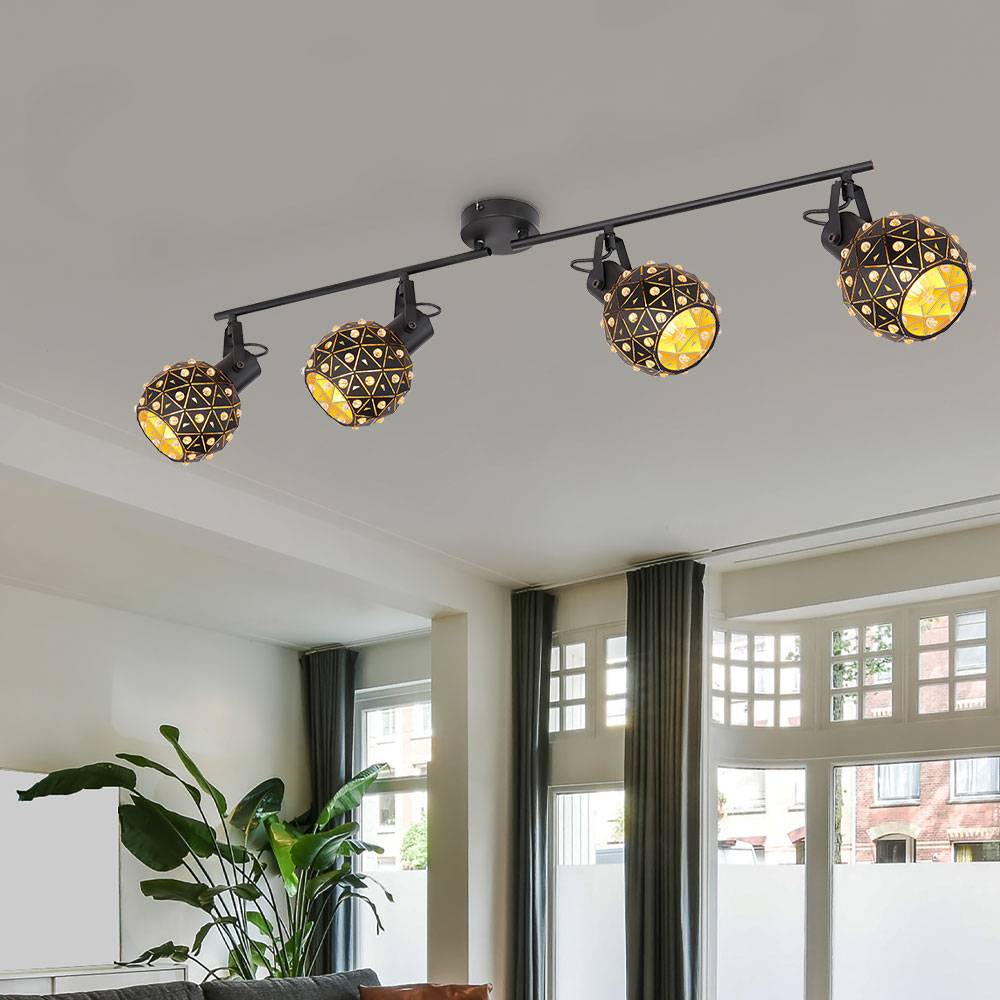 Deckenleuchte Deckenstrahler Esszimmerleuchte Wohnzimmerlampe, Kristalle, Spots beweglich, Metall schwarz, 4 x E27, L 90 cm