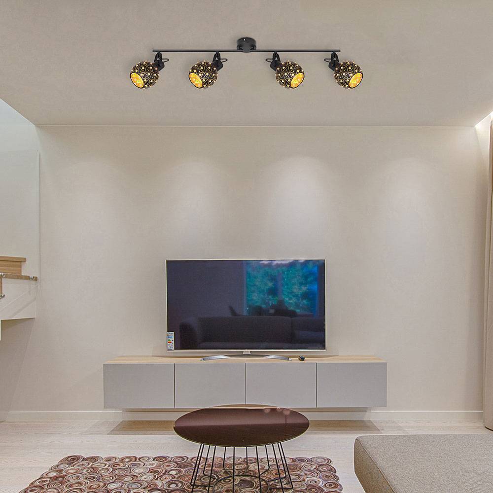 Deckenleuchte Deckenstrahler Wohnzimmerlampe Esszimmerleuchte, Kristalle, Spots beweglich, Metall schwarz, 4 x E27, L 90 cm