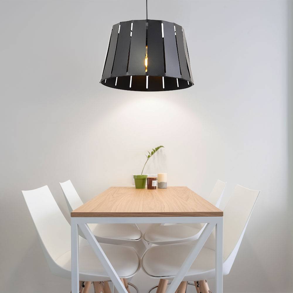 Hängelampe Esstisch Pendelleuchte schwarz Wohnzimmerlampe modern, Schirmleuchte Holzoptik Pendellampe, Metall matt, 1x E27 Fassung, DxH 35x120 cm