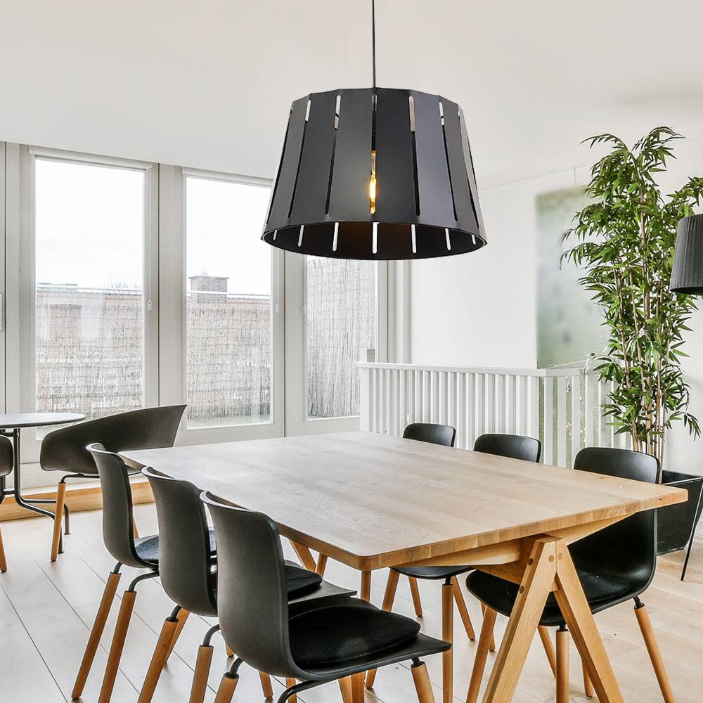 Hängelampe Esstisch Pendelleuchte schwarz Wohnzimmerlampe modern, Schirmleuchte Holzoptik Pendellampe, Metall matt, 1x E27 Fassung, DxH 35x120 cm