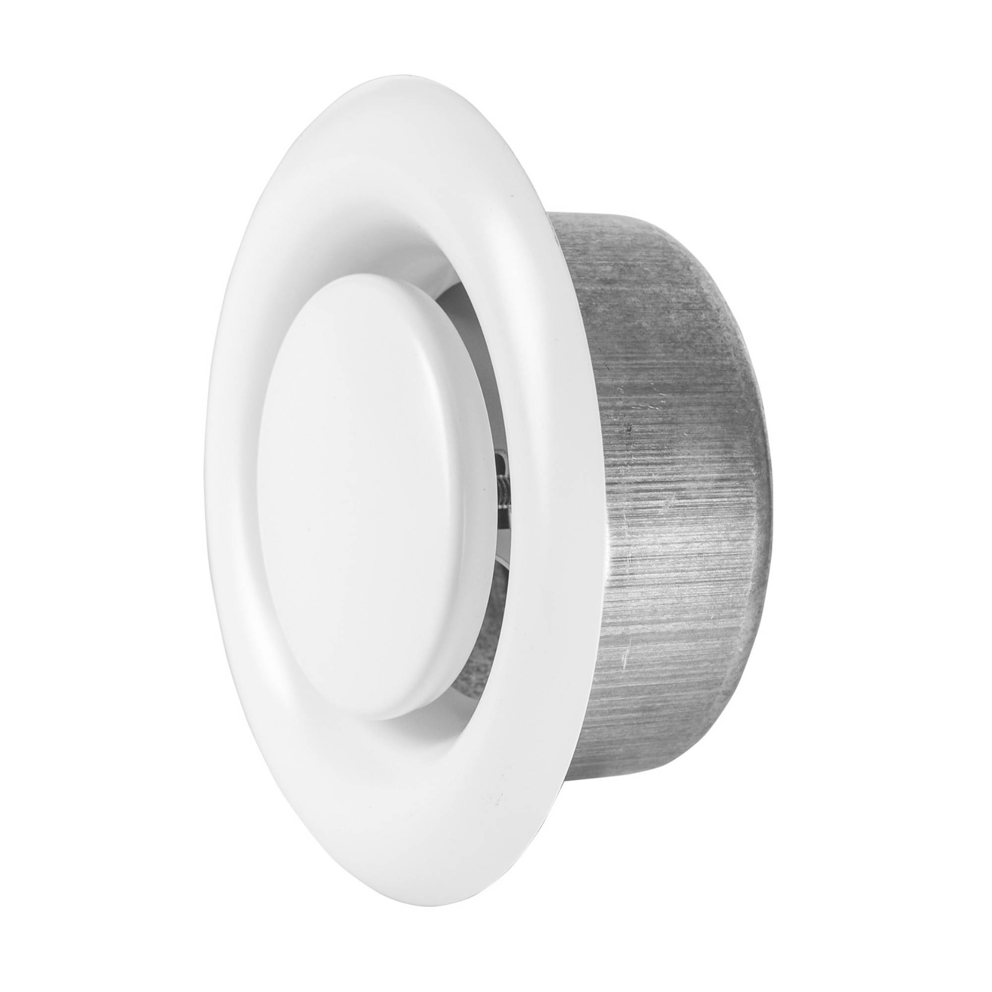 Runde weiße Deckenbelüftungsöffnung mit verstellbarem Mittelpunkt, eingehüllt in einen Metallmantel zur Regulierung des Luftstroms.