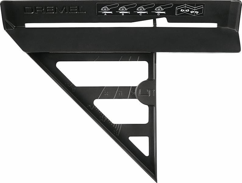 Ein schwarzer Dremel-Winkelführer mit gravierten Messungen und Diagrammen, die die Positionen A, B, C und D anzeigen, verwendet für präzise Schneidaufgaben.