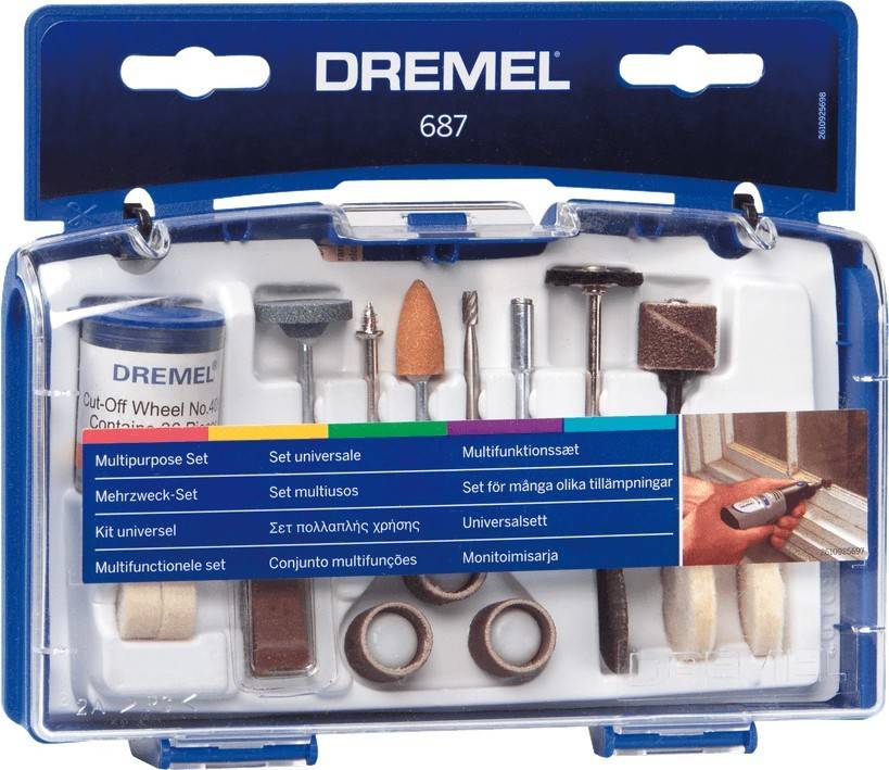 Dremel 687 Werkzeugset mit verschiedenen Anbauteilen für vielseitige Anwendungen, einschließlich Schleif-, Schleif- und Polierzubehör. Geeignet für Heimwerker-Projekte.