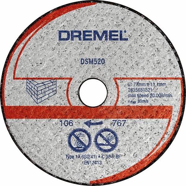 Eine Dremel DSM520Q Kreisschleifscheibe für Mauerwerk, mit Spezifikationen wie maximale Drehzahl von 20.000 U/min und Typdetails.