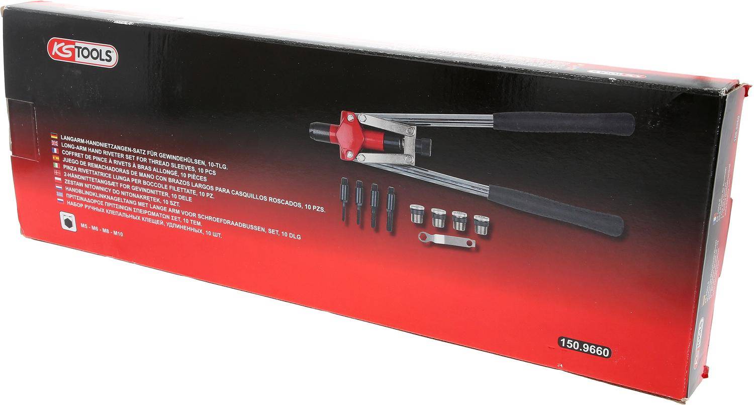KS TOOLS Langarm-Handnietzangen-Satz für Gewindehülsen, 10-tlg