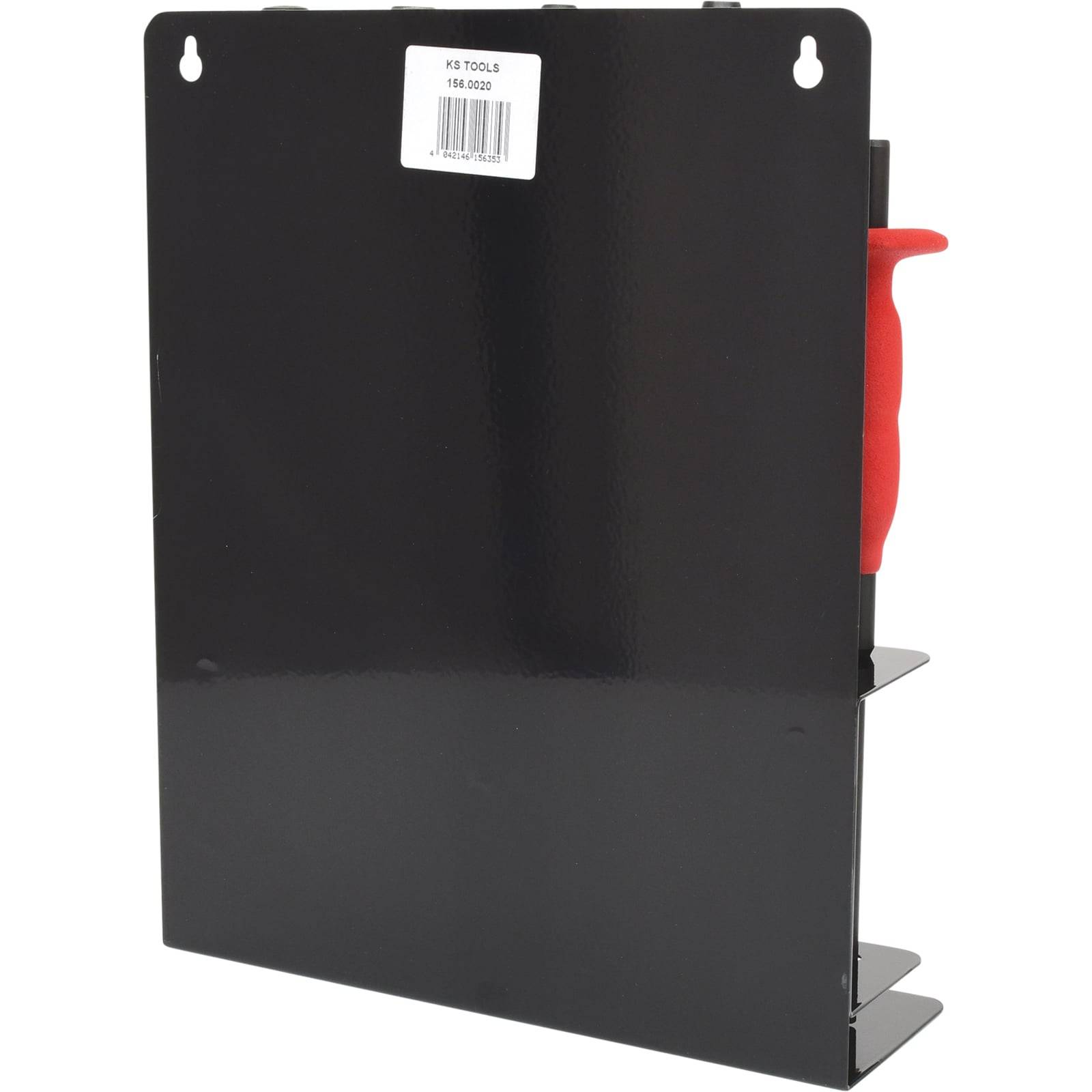 Schwarzer rechteckiger Metallhalter mit einem teilweise sichtbaren roten Griff auf einer Seite und einem Etikett mit der Aufschrift "KB Tools 150-0028"" auf der Oberseite.
