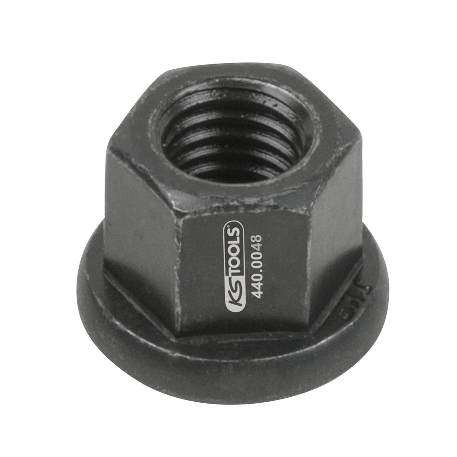 Eine schwarze Sechskantmutter mit kreisförmiger Basis, markiert mit 'KS Tools 440.0048', zum sicheren Befestigen von Komponenten.