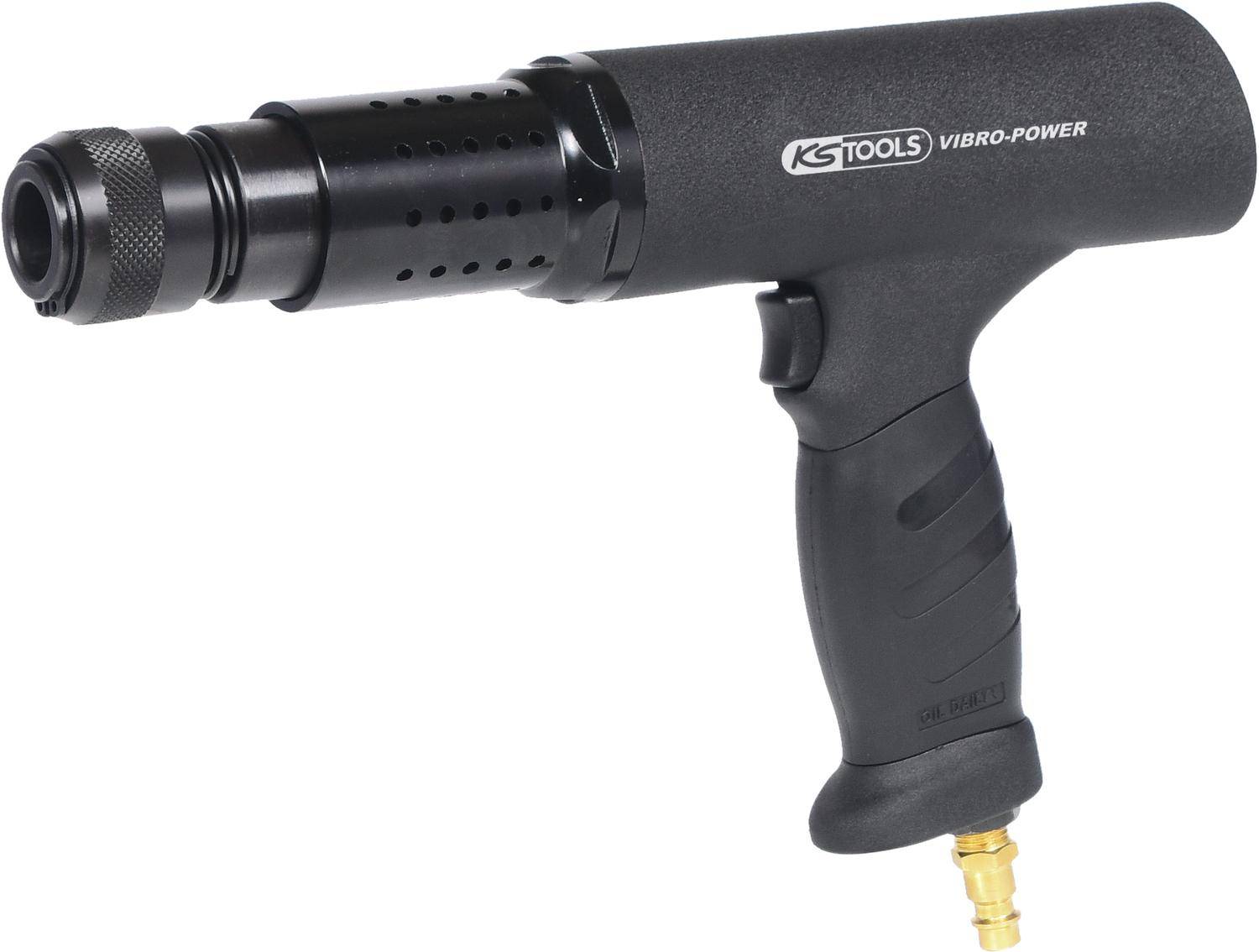 Nahaufnahme eines schwarzen KS Tools Vibro-Power Luftmeißels mit elegantem Griff und Metallverlängerung, verwendet für präzise Schneid- oder Formarbeiten.