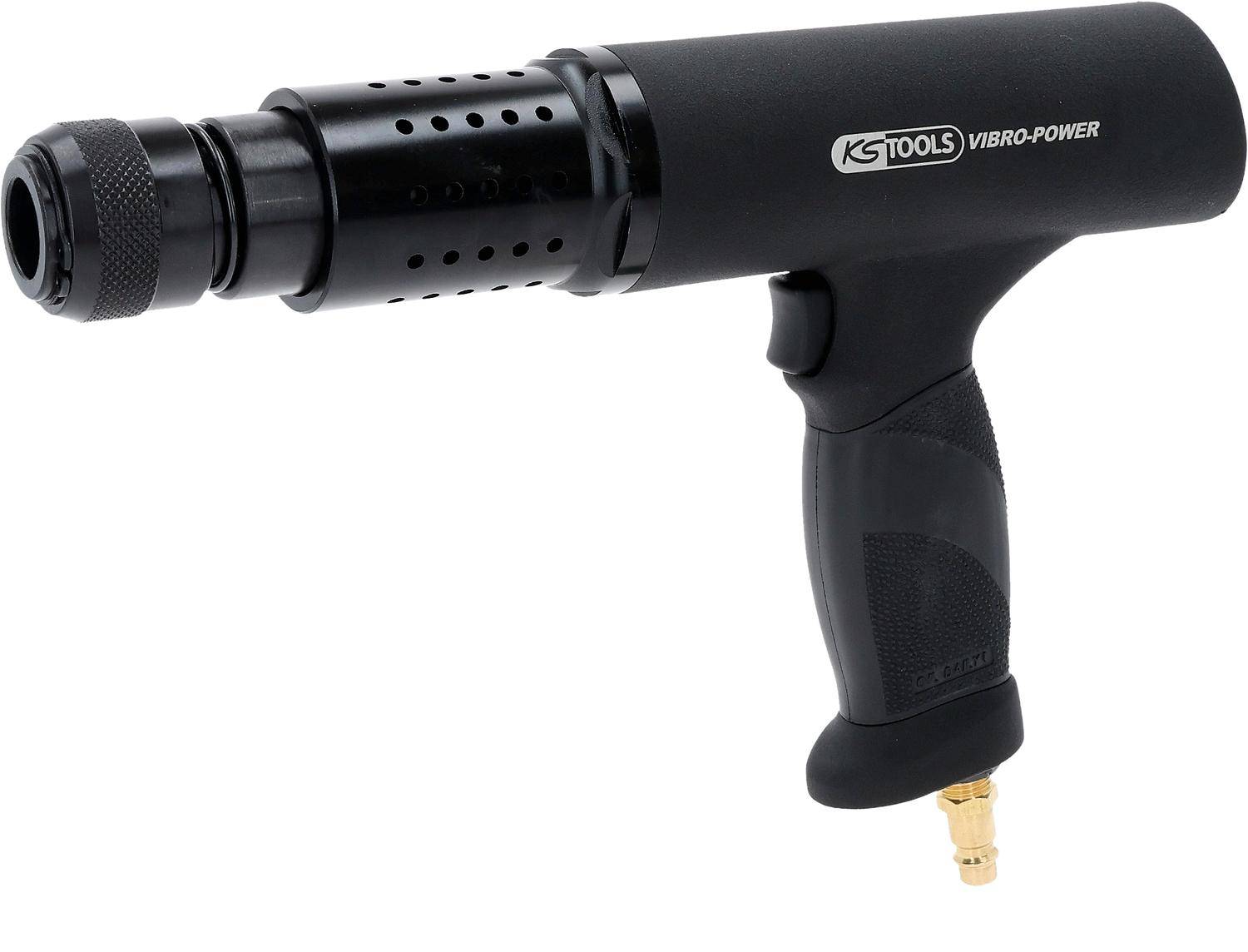 Ein tragbares pneumatisches Arbeitsgerät mit der Bezeichnung 'KS Tools Vibro-Power', konzipiert für industrielle Anwendungen. Ausgestattet mit einem Griffhalter und einem Anschlussstutzen.