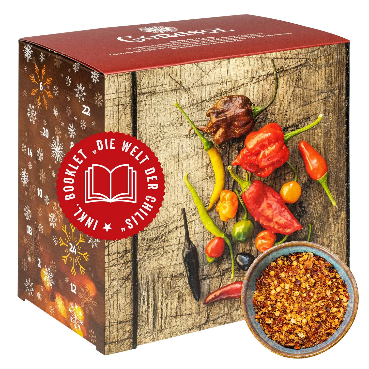 Corasol Premium Chili Adventskalender mit 24 geschroteten Chilisorten mit bis zu 1.5 Mio. Scoville, Geschenk-Idee für scharfe Männer (128 g)