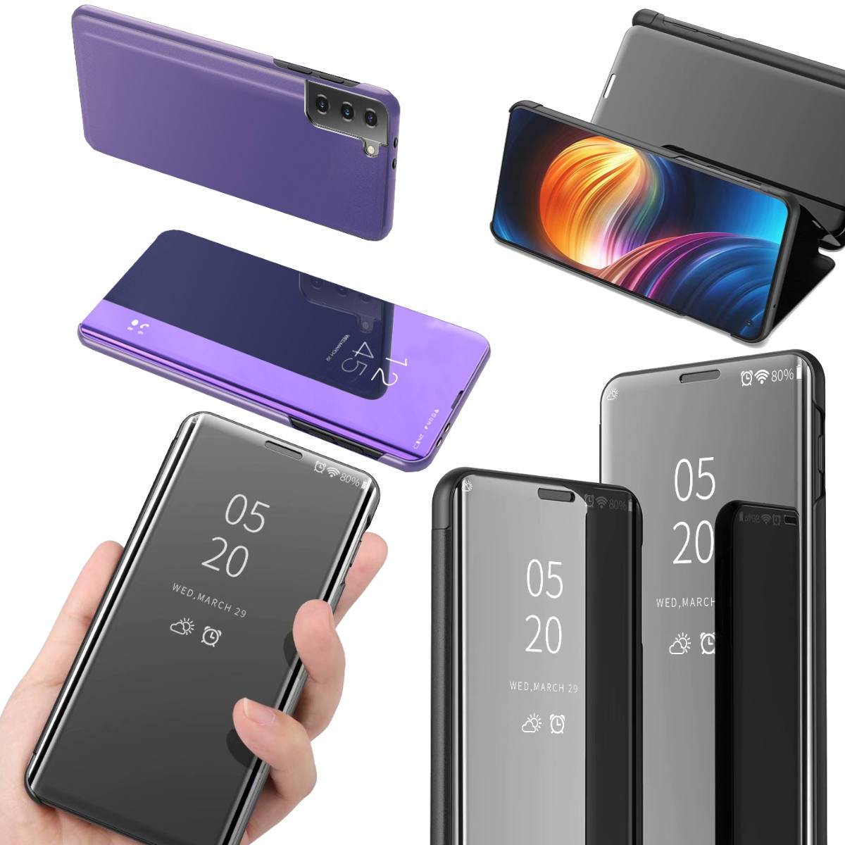 Für Samsung Galaxy S21 FE G990B Clear View Spiegel Mirror Smartcover Lila Schutzhülle Cover Etui Tasche Hülle Neu Case Wake UP Funktion