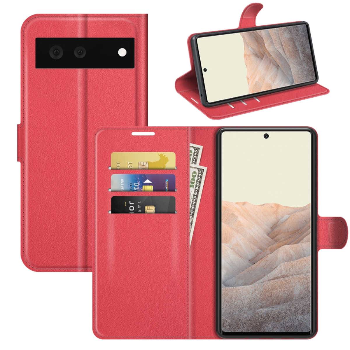 Für Google Pixel 6 Handy Tasche Wallet Premium Schutz Hülle Case Cover Etuis Neu Zubehör Rot