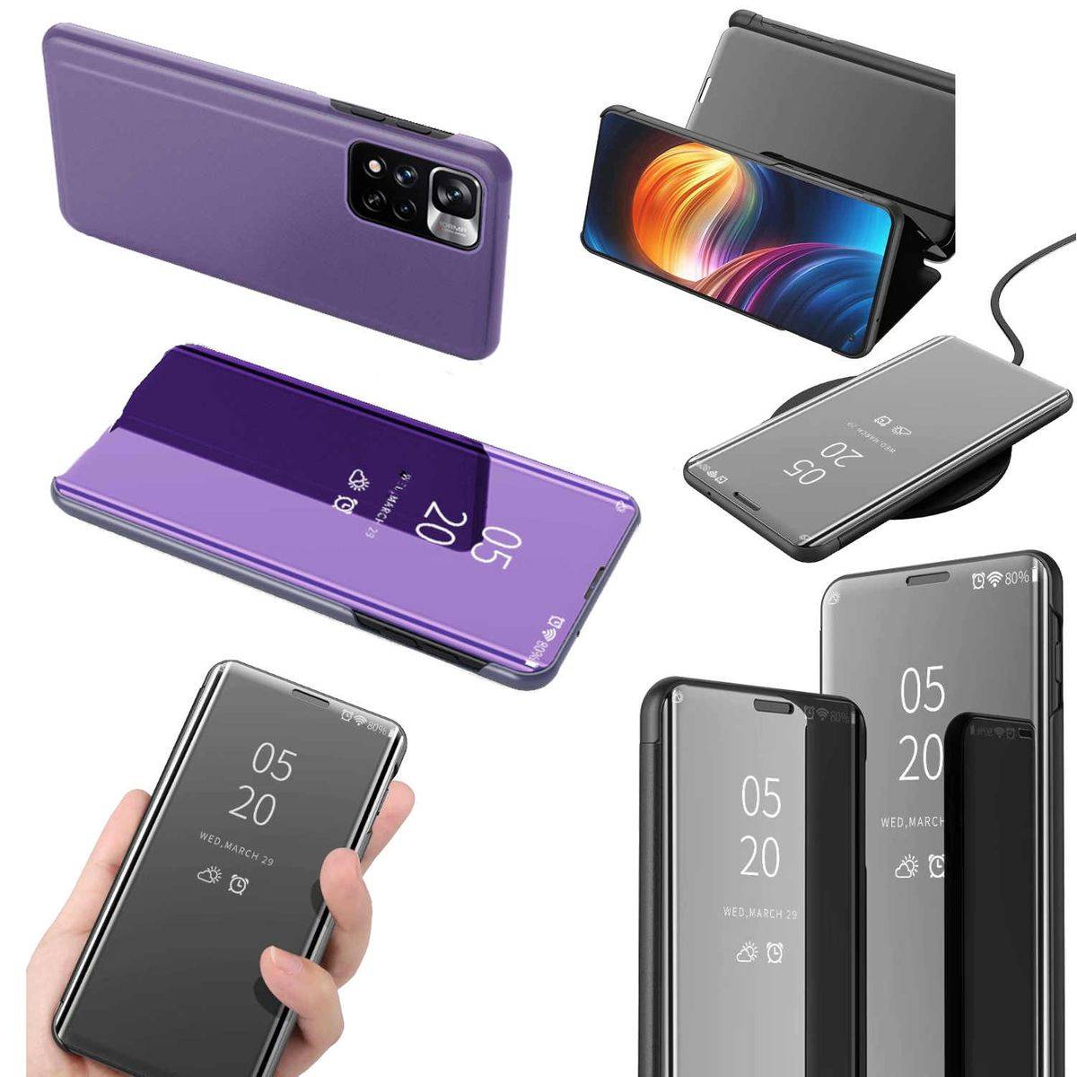 Für Xiaomi Poco M4 Pro 5G Clear View Spiegel Mirror Smartcover Lila Schutzhülle Cover Etui Tasche Hülle Neu Case Wake UP Funktion