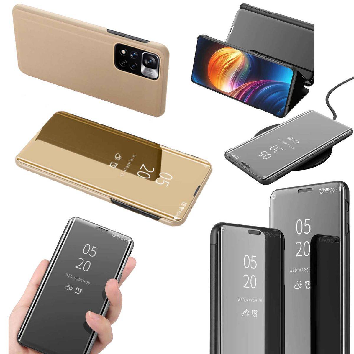 Für Xiaomi Poco M4 Pro 5G Clear View Spiegel Mirror Smartcover Gold Schutzhülle Cover Etui Tasche Hülle Neu Case Wake UP Funktion