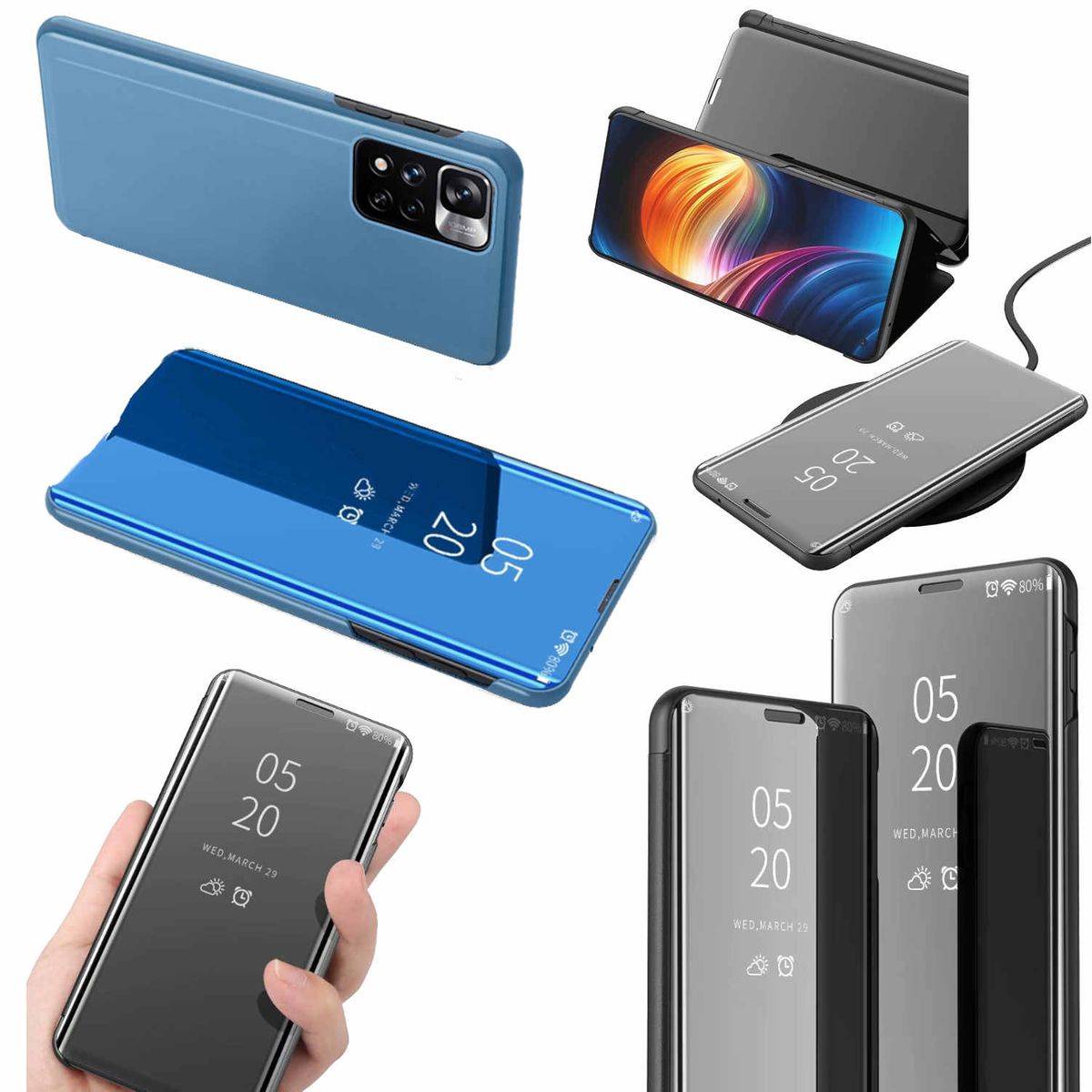 Für Xiaomi Poco M4 Pro 5G Clear View Spiegel Mirror Smartcover Blau Schutzhülle Cover Etui Tasche Hülle Neu Case Wake UP Funktion