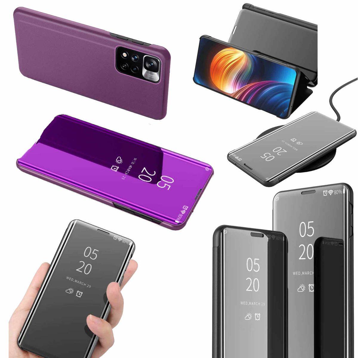 Für Xiaomi Poco M4 Pro 5G Clear View Spiegel Mirror Smartcover Magenta Schutzhülle Cover Etui Tasche Hülle Neu Case Wake UP Funktion