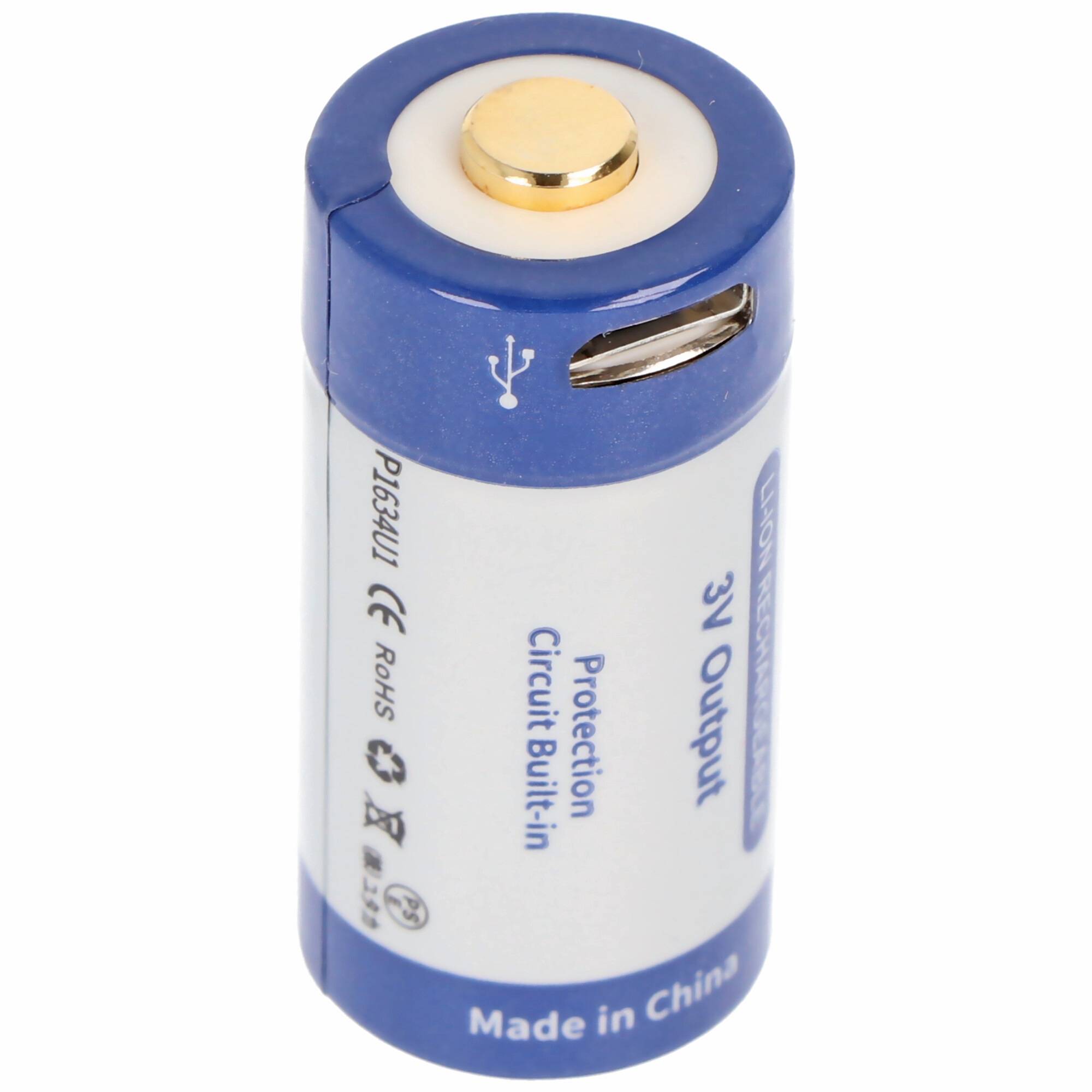 RCR123A 3.0 Volt 880mAh 1,5A Lithium Ionen Akku 16340, wiederaufladbar nur über micro USB