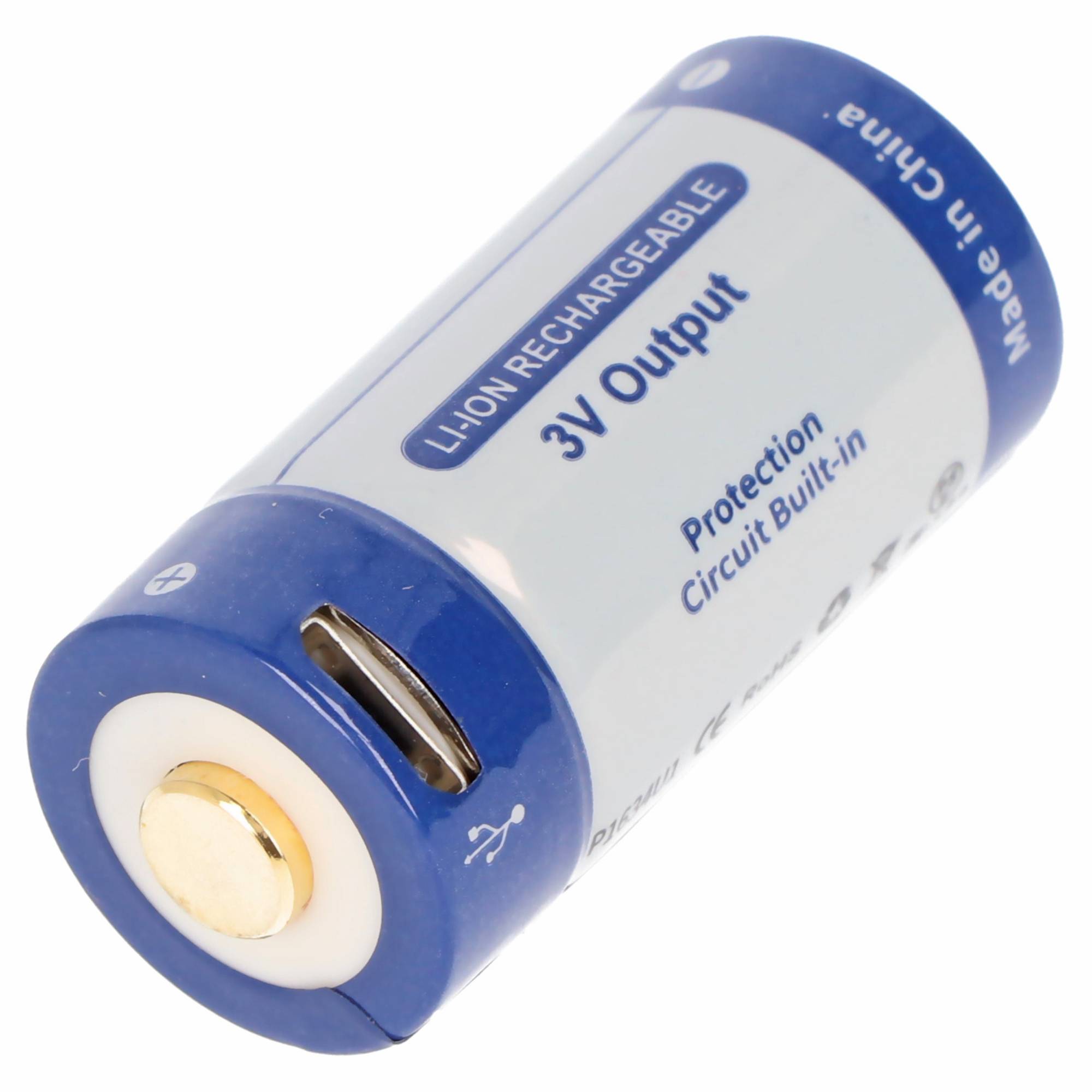 RCR123A 3.0 Volt 880mAh 1,5A Lithium Ionen Akku 16340, wiederaufladbar nur über micro USB