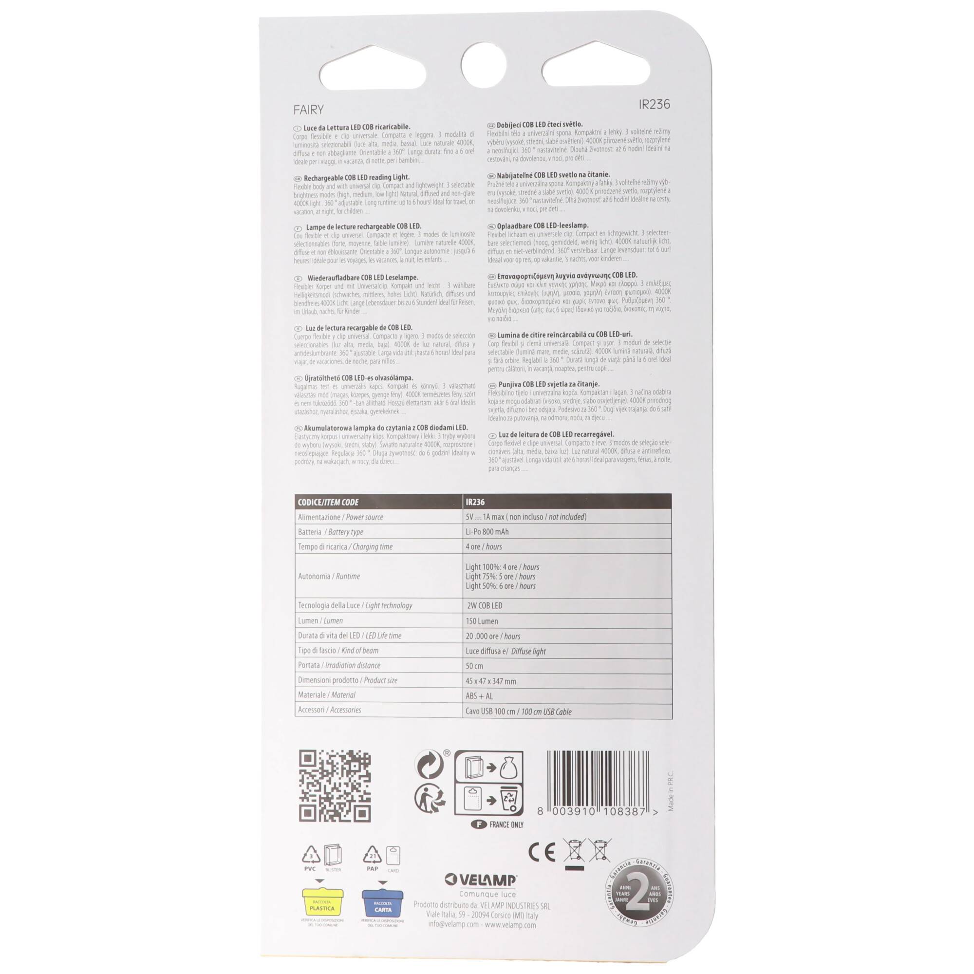 LED-Leseleuchte wiederaufladbar, 2W, 3 Leuchtstufen, mit Clip, inklusive USB-Ladekabel