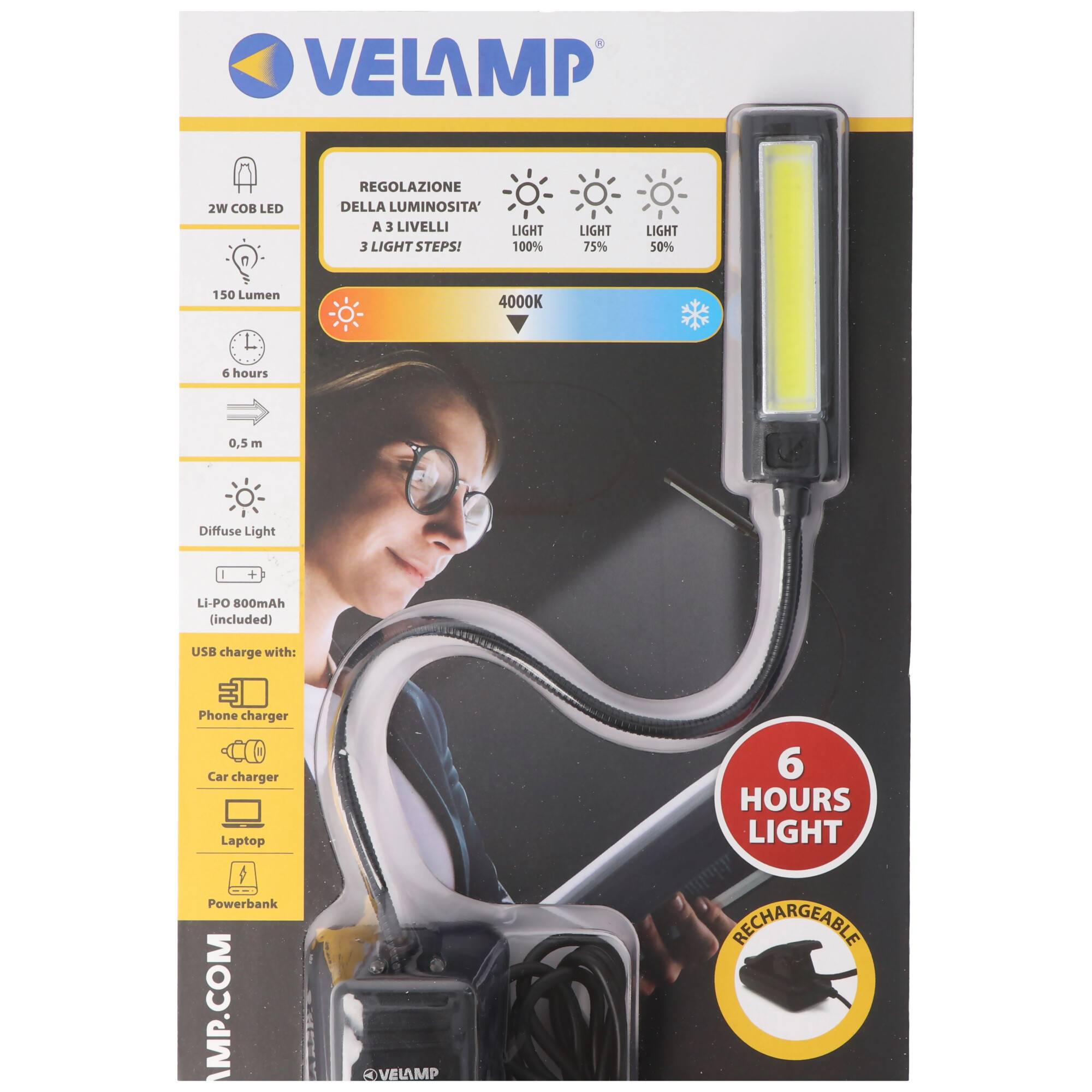 LED-Leseleuchte wiederaufladbar, 2W, 3 Leuchtstufen, mit Clip, inklusive USB-Ladekabel