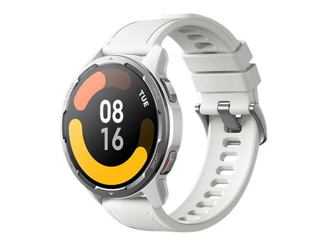 Weiße runde Smartwatch mit Silikonarmband, zeigt digitale Uhrzeit 08:16 und buntes abstraktes Zifferblatt.
