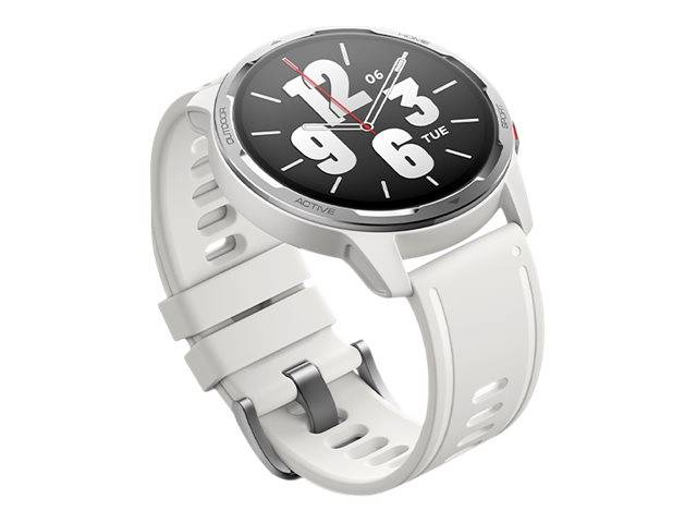 Weiße Smartwatch mit großem schwarzem analog-digitalem Zifferblatt, übergroßen Ziffern und Silikonarmband, dargestellt in einer Produktansicht.