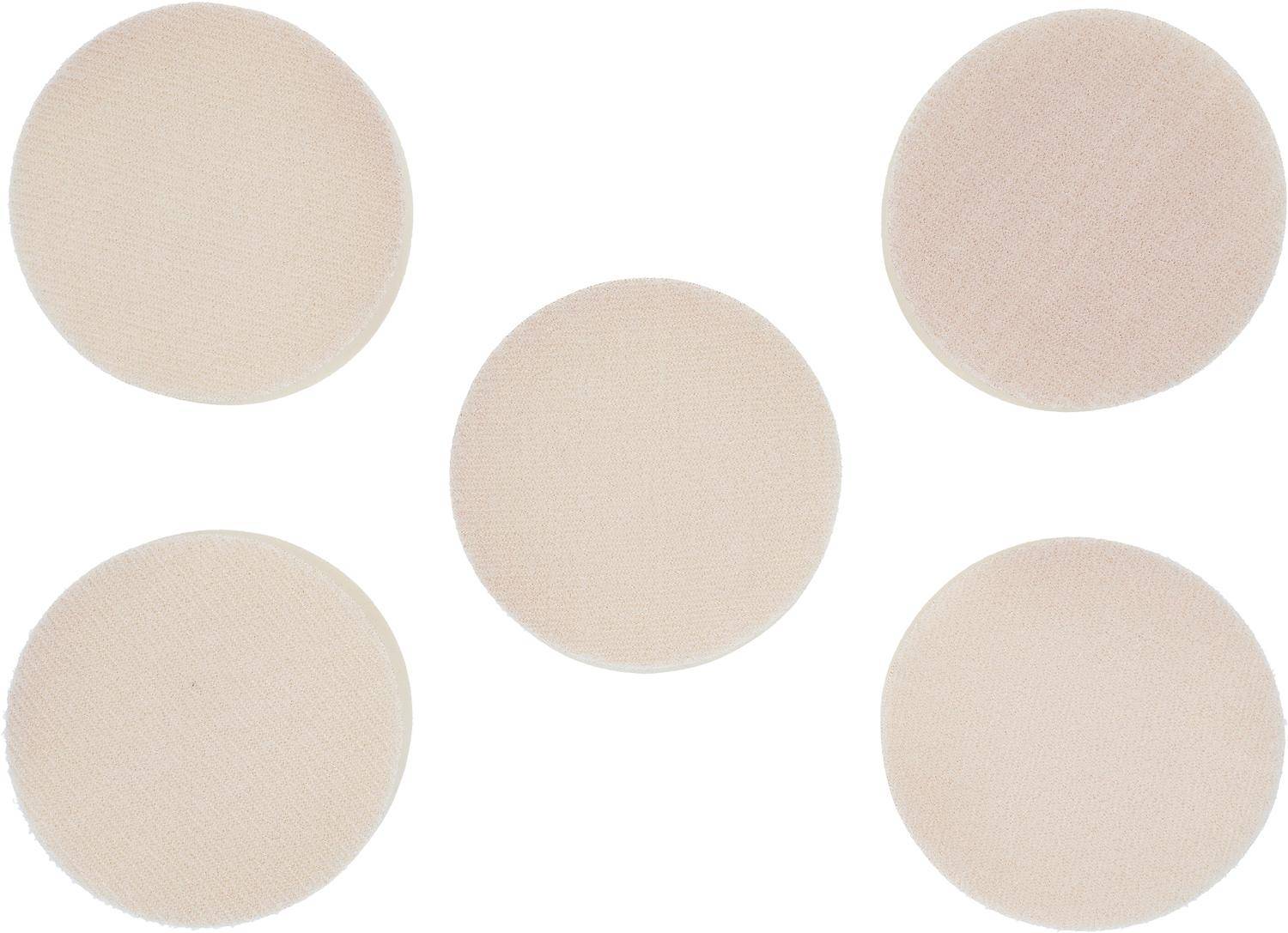 Fünf gleichmäßig verteilte beige Kreise auf weißem Hintergrund.
