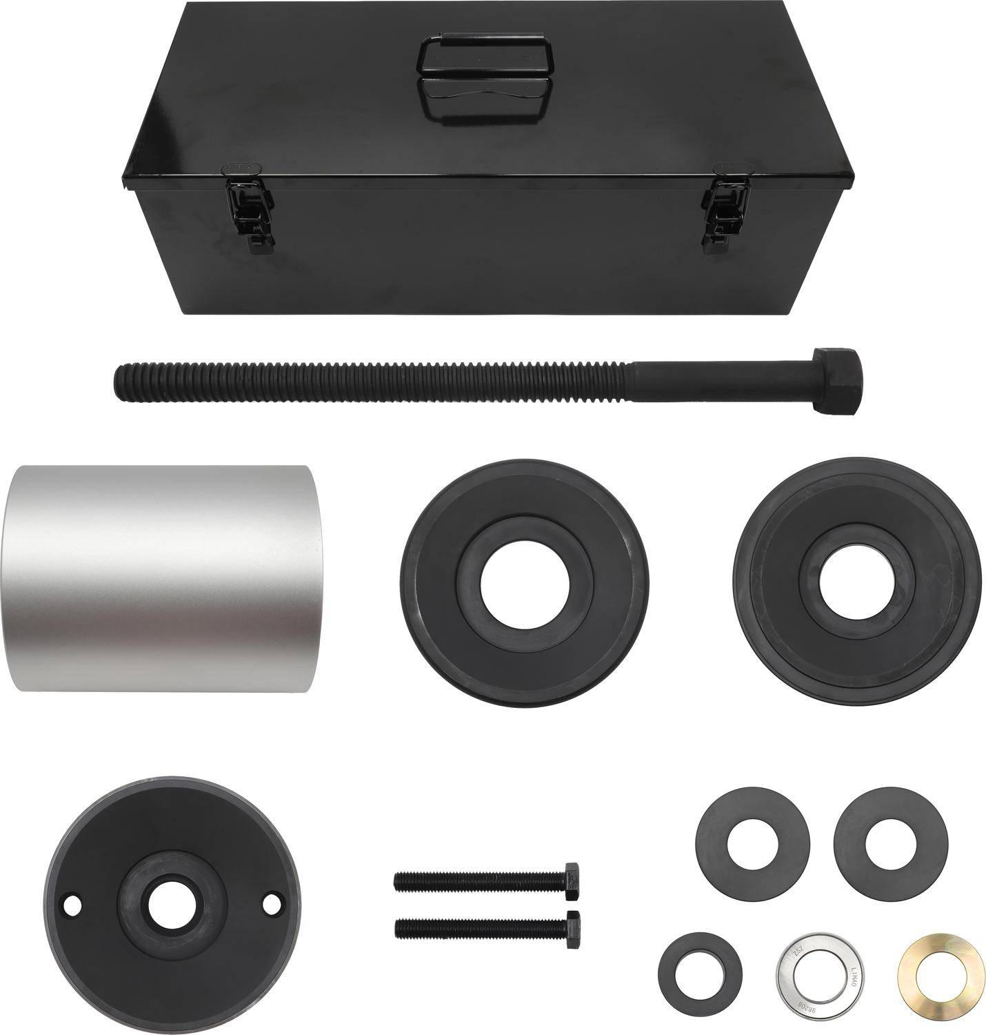Werkzeugset für Lagerabzieher mit verschiedenen Komponenten, einschließlich schwarzer Metallbox, Gewindestange, zylinder- und kreisförmigen Teilen, für mechanische Reparaturen.