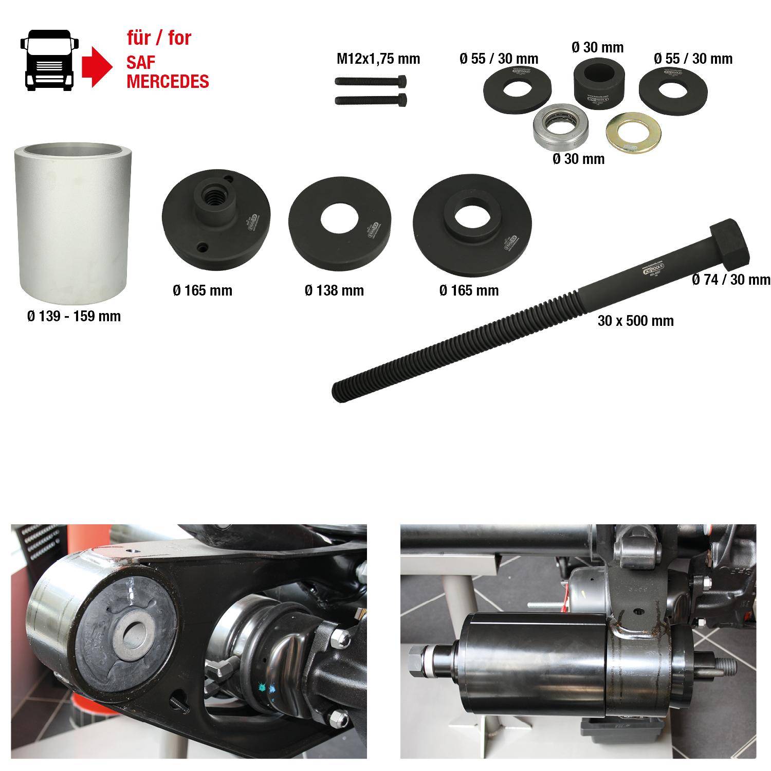 SAF Mercedes' Lkw-Teilesatz mit Gewindestangen, Unterlegscheiben und Buchsen, mit beschrifteten Abmessungen. Untere Bilder zeigen montierte Teile.