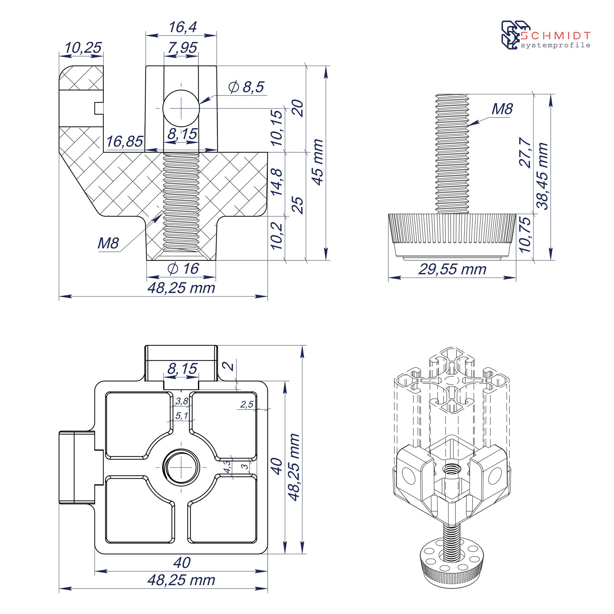 SCHMIDT systemprofile 10x Fußverbinder Nut 8 40x40mm Standfuß M8 Fuß höhenverstellbar Stellfuß Nivellierfuß Aluprofil-Zubehör